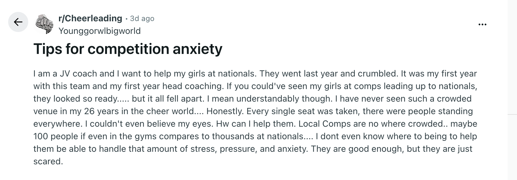 reddit post about cheerleading competition anxiety